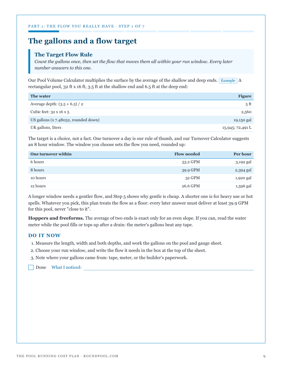 Step 1, The Target Flow Rule: an example pool's gallons from the Pool Volume Calculator and the flow needed to turn it over in 6, 8, 10 or 12 hours