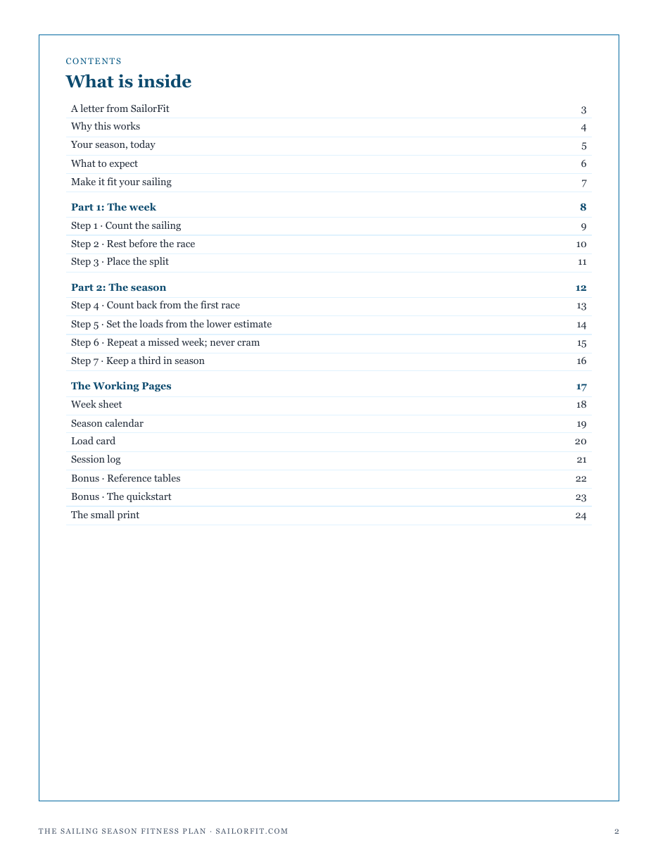 The full contents of The Sailing Season Fitness Plan: the week, the season, and the working pages