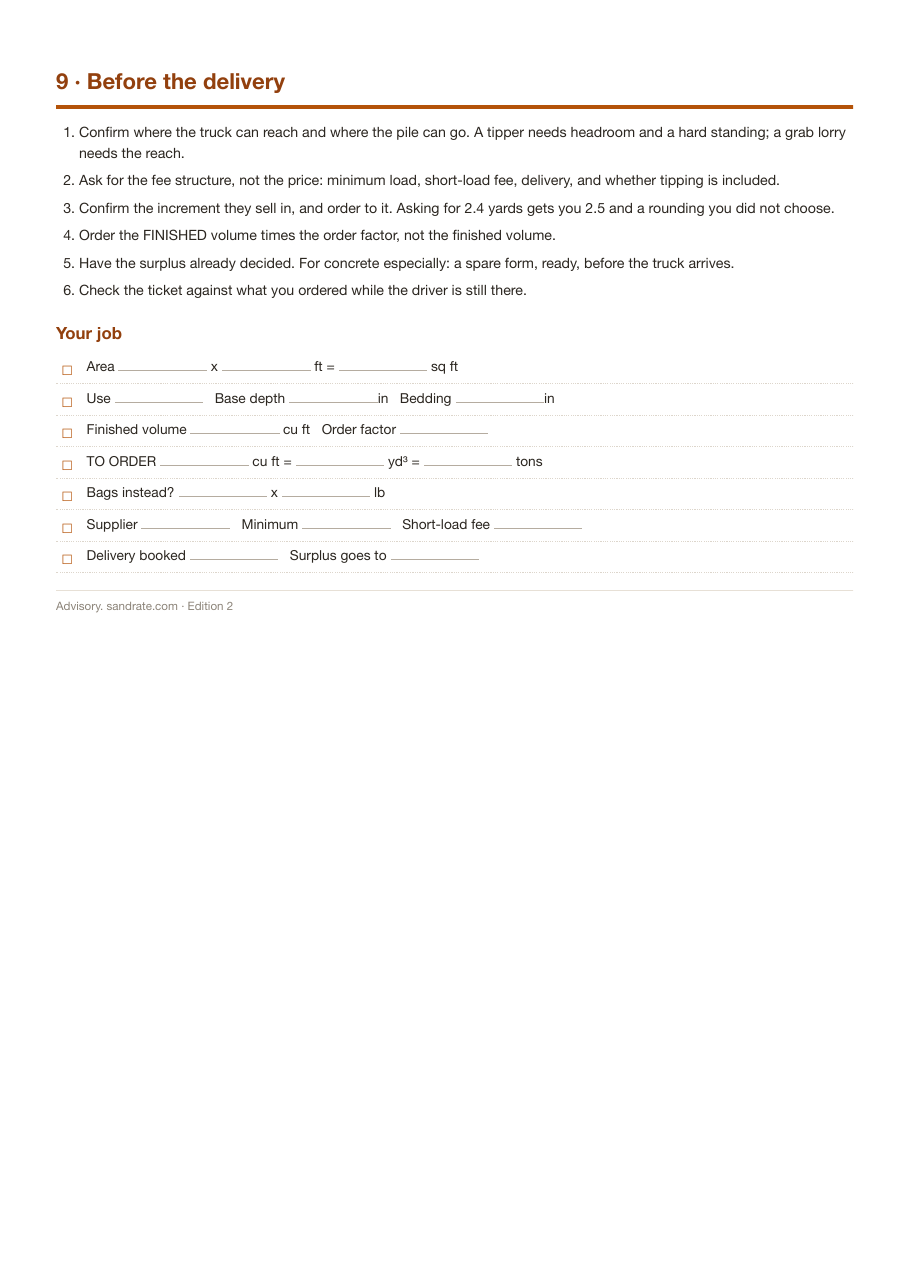 What to settle before the delivery, and the fill-in sheet for your own job