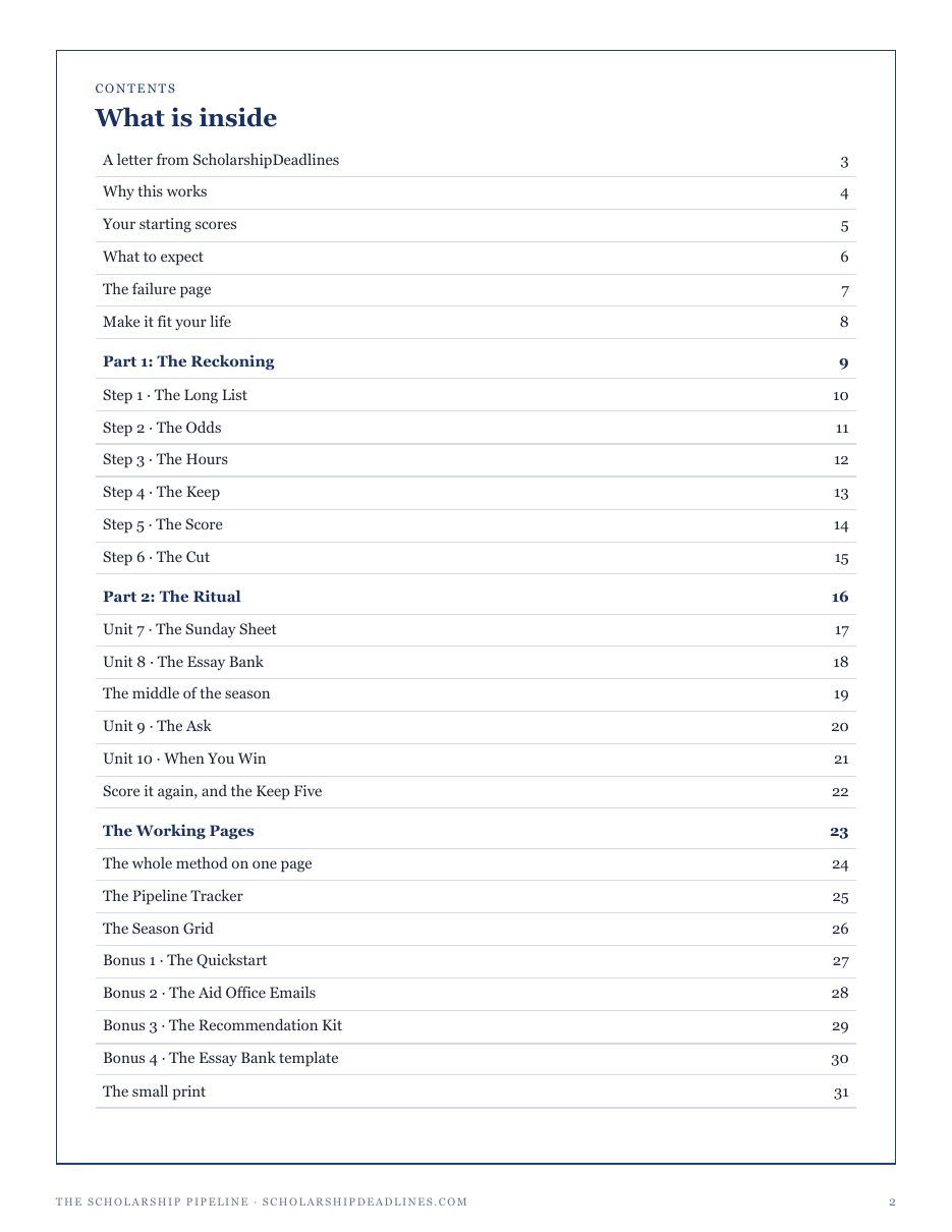 The full contents of The Scholarship Pipeline: ten named rules, the working pages and four bonuses