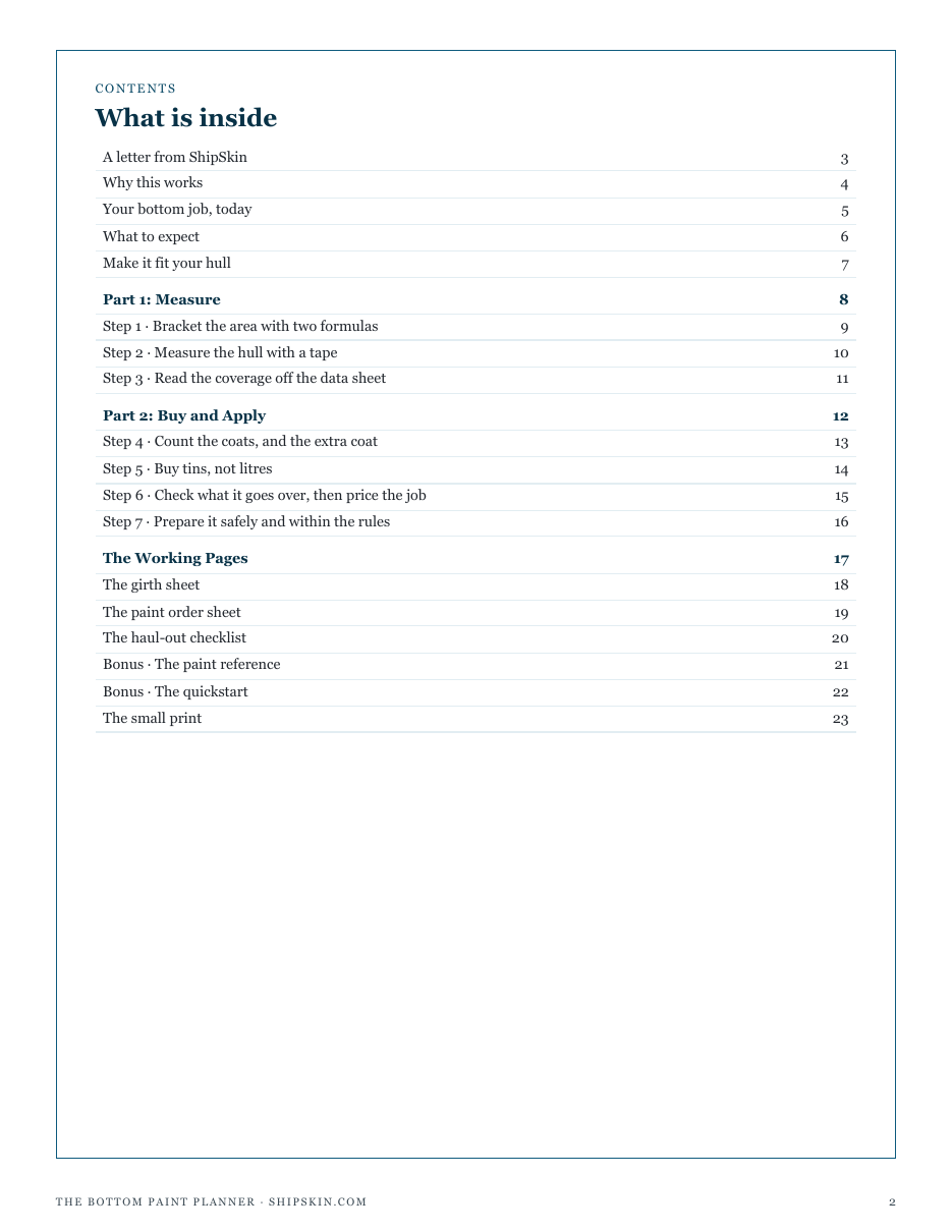 The full contents of The Bottom Paint Planner: measure, buy and apply, and the working pages
