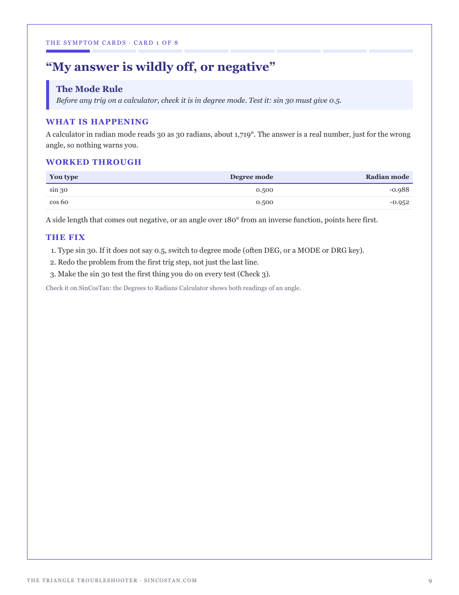 Card 1, The Mode Rule: why a trig answer comes out wildly off or negative, with sin 30 in degree and radian mode