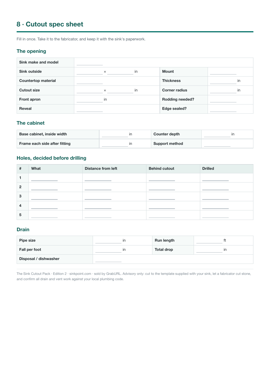 Fill-in cutout spec sheet for the fabricator, with cabinet, holes and drain
