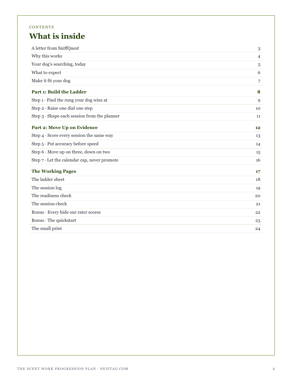 The full contents of The Scent Work Progression Plan: build the ladder, move up on evidence, and the working pages