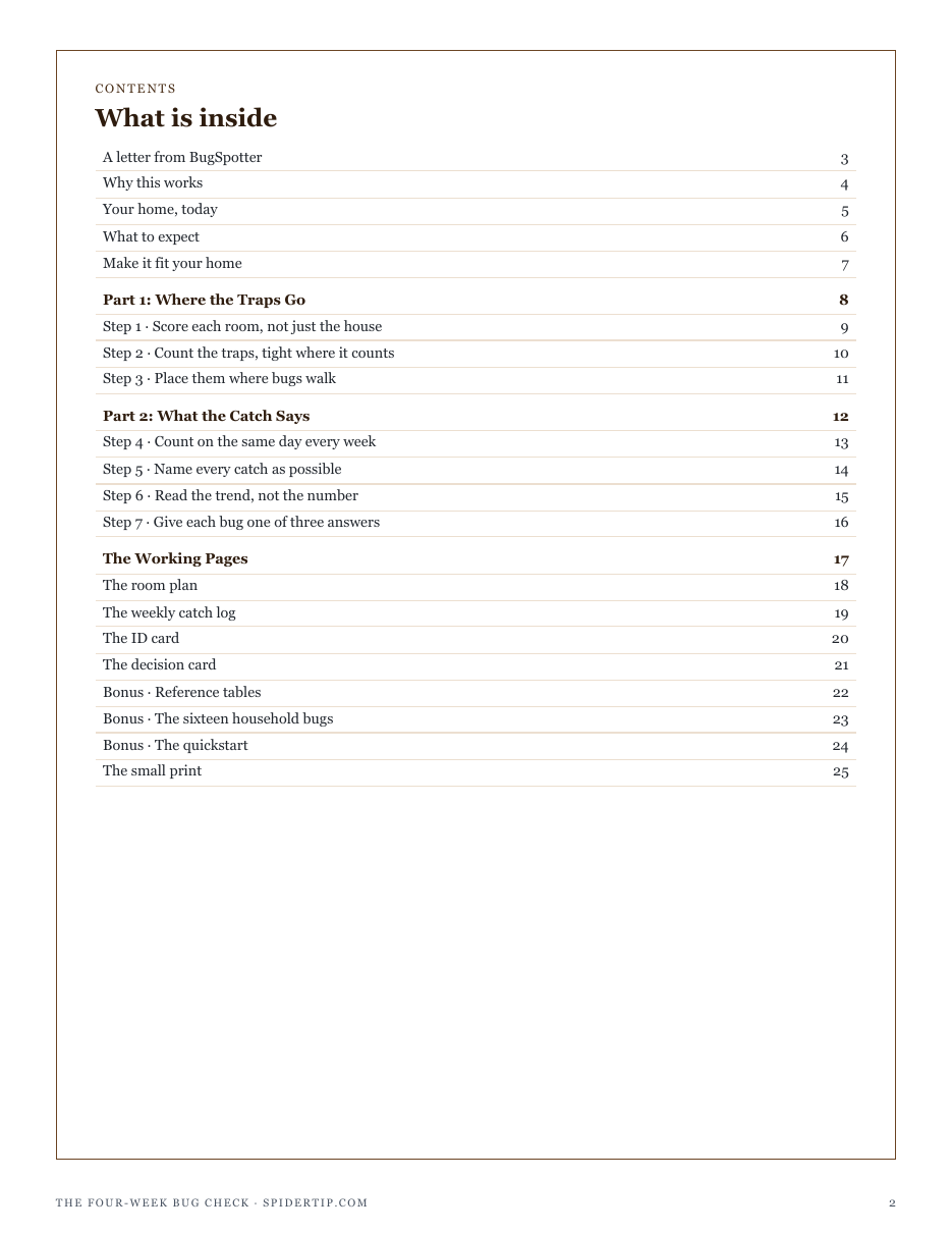 The full contents of The Four-Week Bug Check: where the traps go, what the catch says, and the working pages