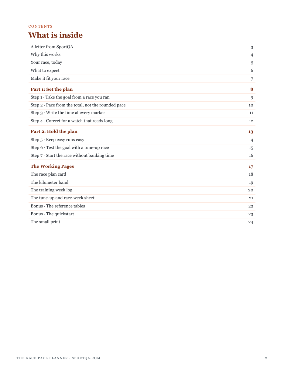 The full contents of The Race Pace Planner: set the plan, hold the plan, and the working pages