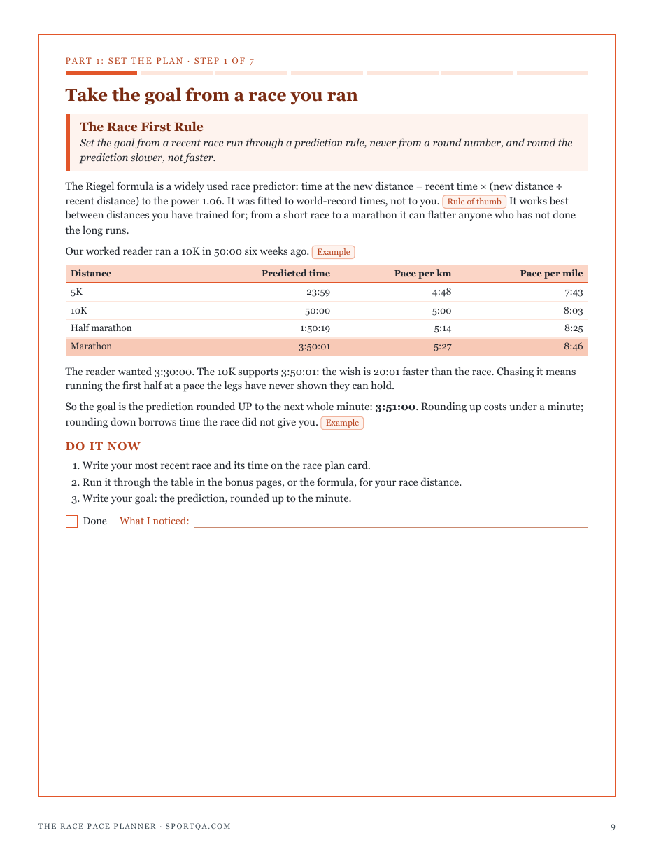 Step 1, The Race First Rule: set the goal from a recent race run through a prediction rule, never from a round number