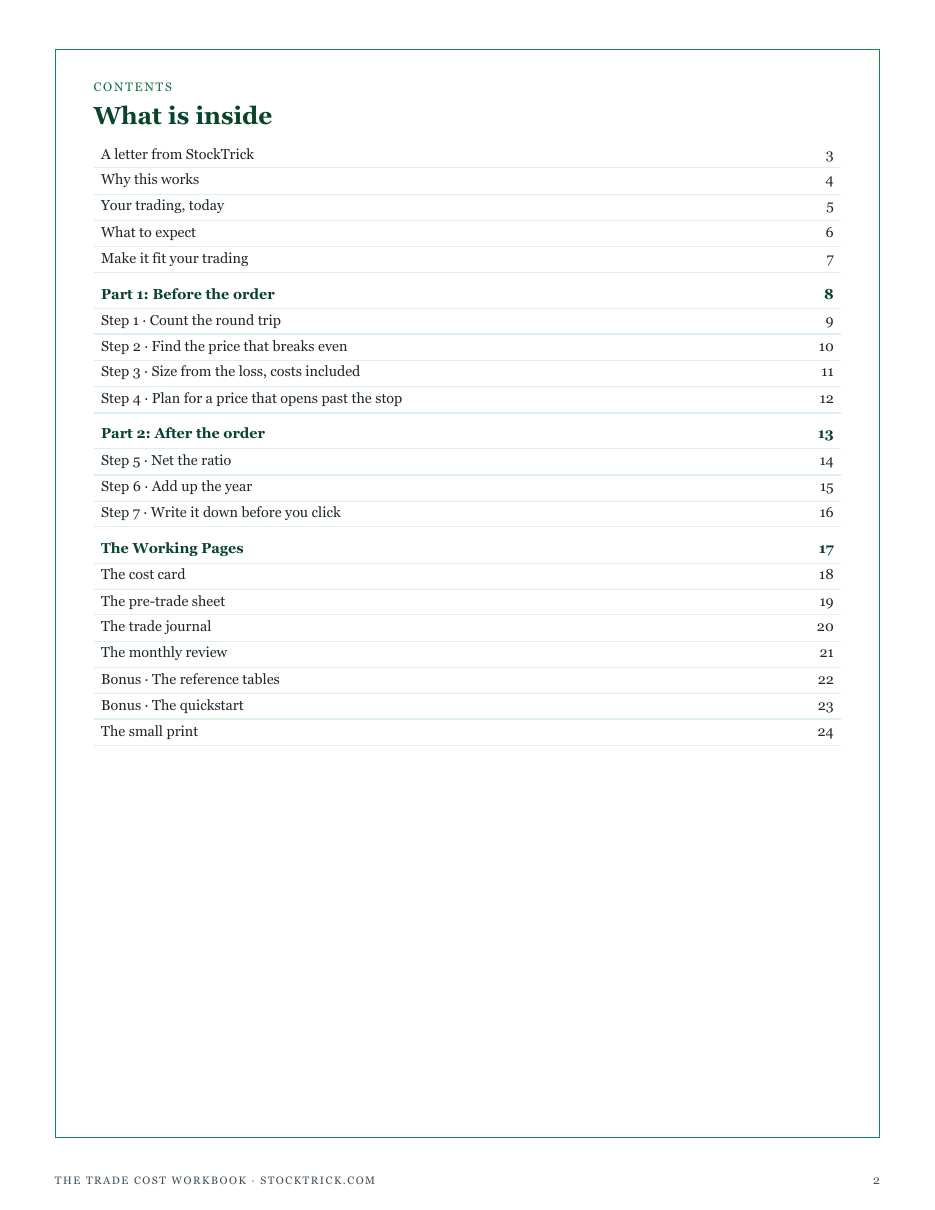 The full contents of The Trade Cost Workbook: before the order, after the order, and the working pages