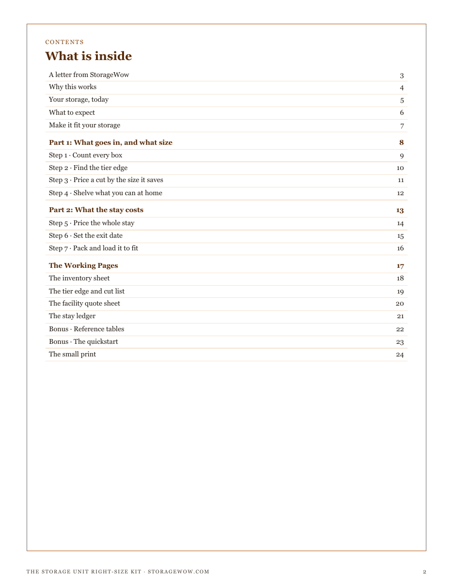 The full contents of The Storage Unit Right-Size Kit: what goes in and what size, what the stay costs, and the working pages