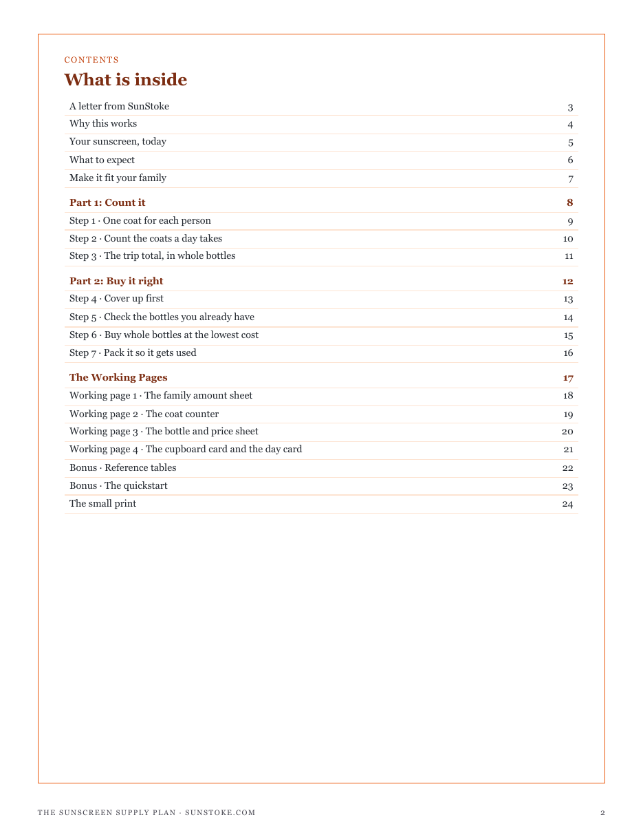 The full contents of The Sunscreen Supply Plan: count it, buy it right, and the working pages