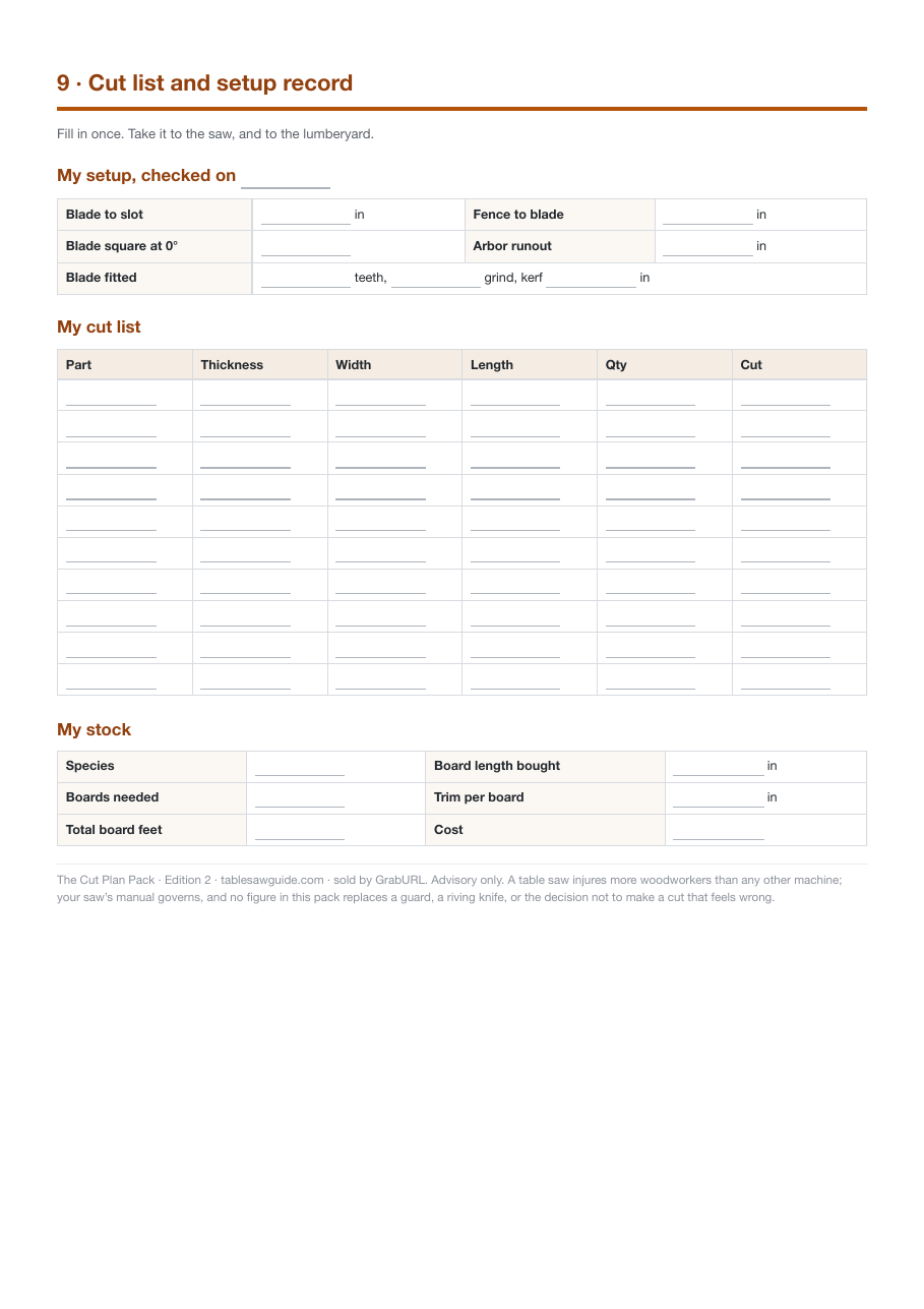 Fill-in cut list, stock record and setup record