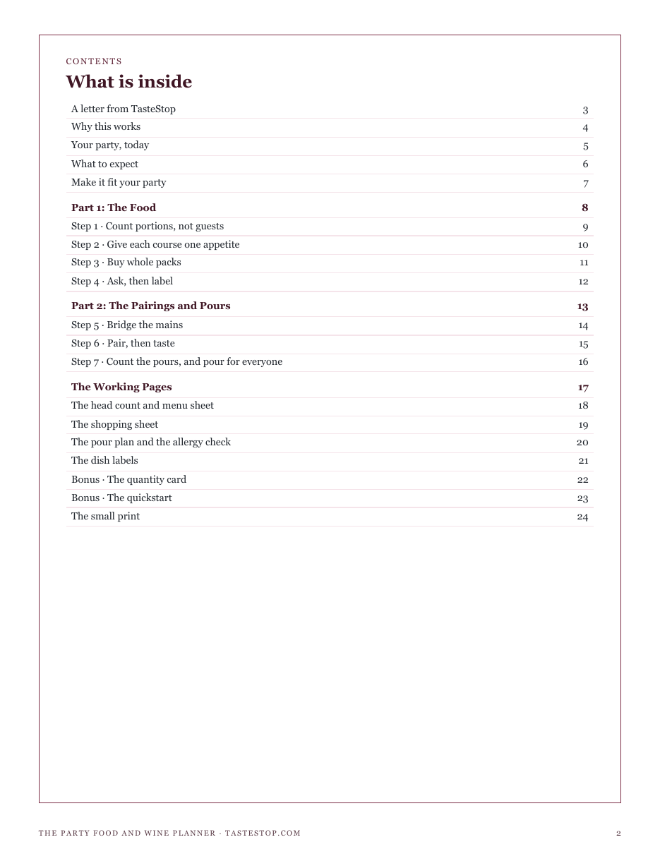 The full contents of The Party Food and Wine Planner: the food, the pairings and pours, and the working pages