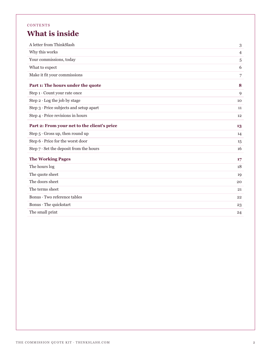 The full contents of The Commission Quote Kit: the hours under the quote, from your net to the client's price, and the working pages