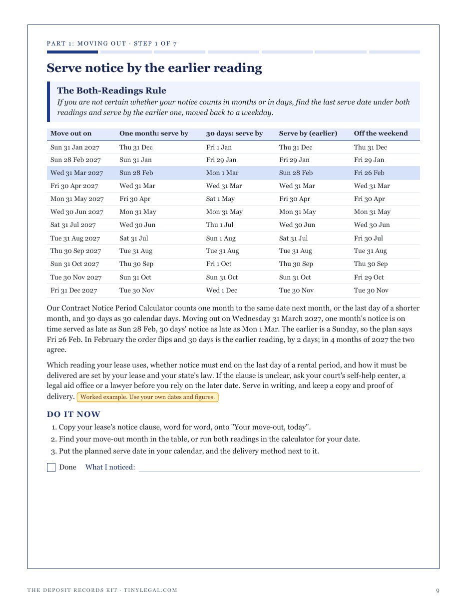 Step 1, The Both-Readings Rule: serve notice by the earlier of the one-month and 30-day serve dates, moved back to a weekday