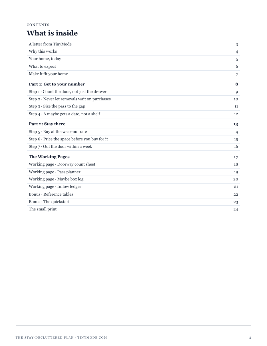 The full contents of The Stay-Decluttered Plan: get to your number, stay there, and the working pages