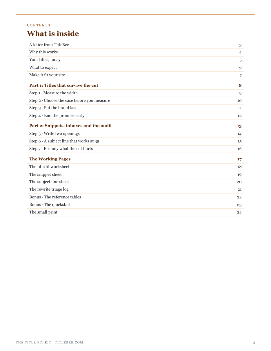 The full contents of The Title Fit Kit: titles that survive the cut, snippets, inboxes and the audit, and the working pages