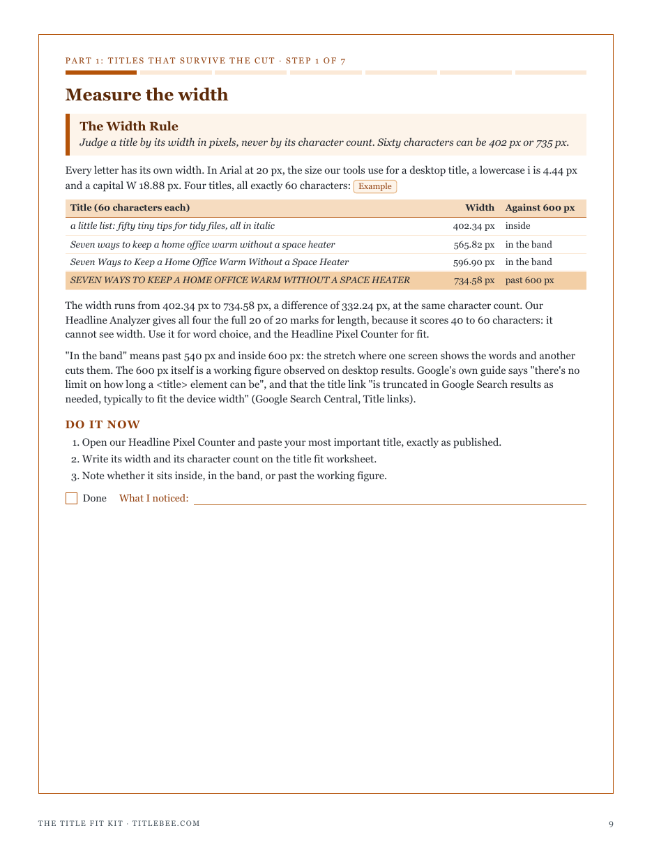 Step 1, The Width Rule: judge a title by its width in pixels, never by its character count