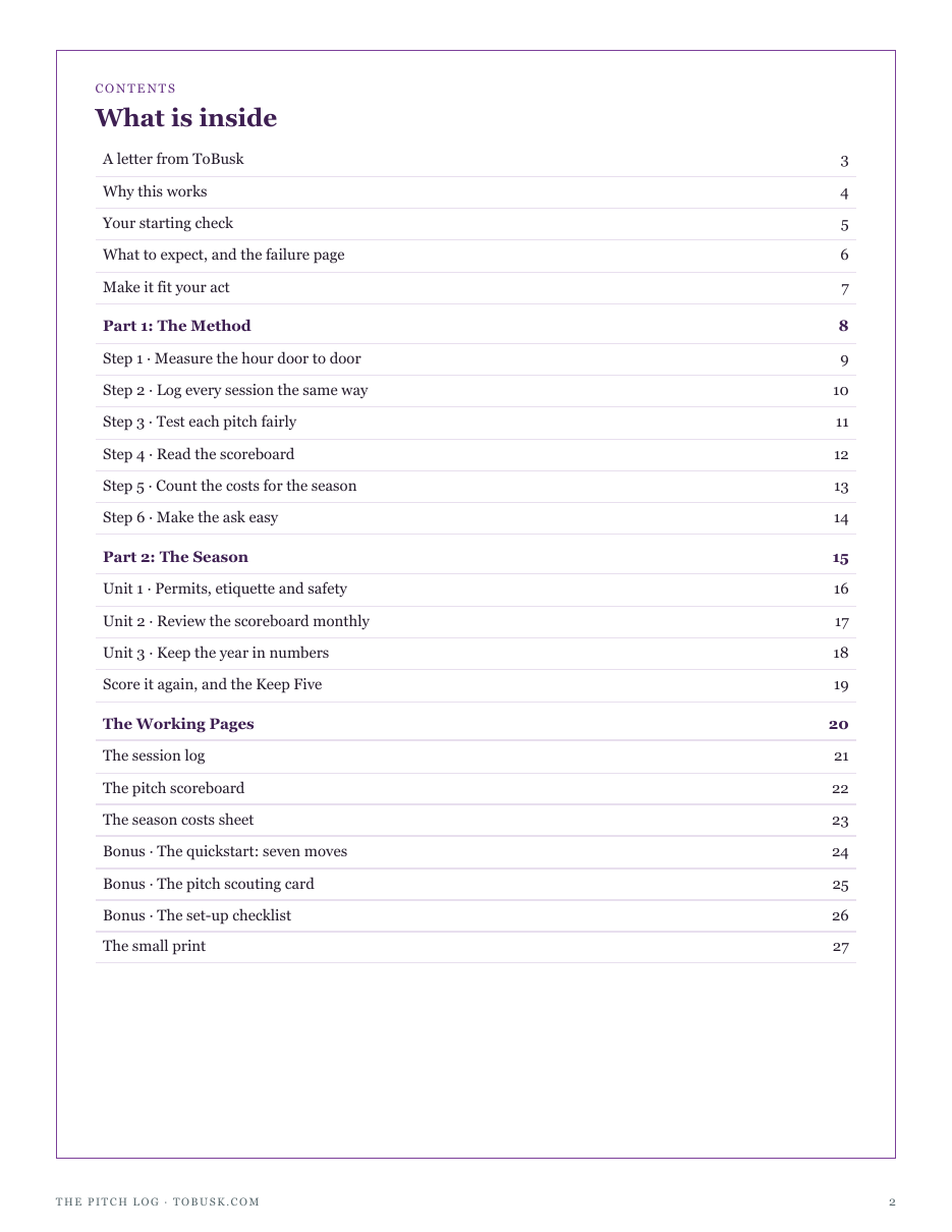 The full contents of The Pitch Log: the method, the season, the working pages and three bonuses