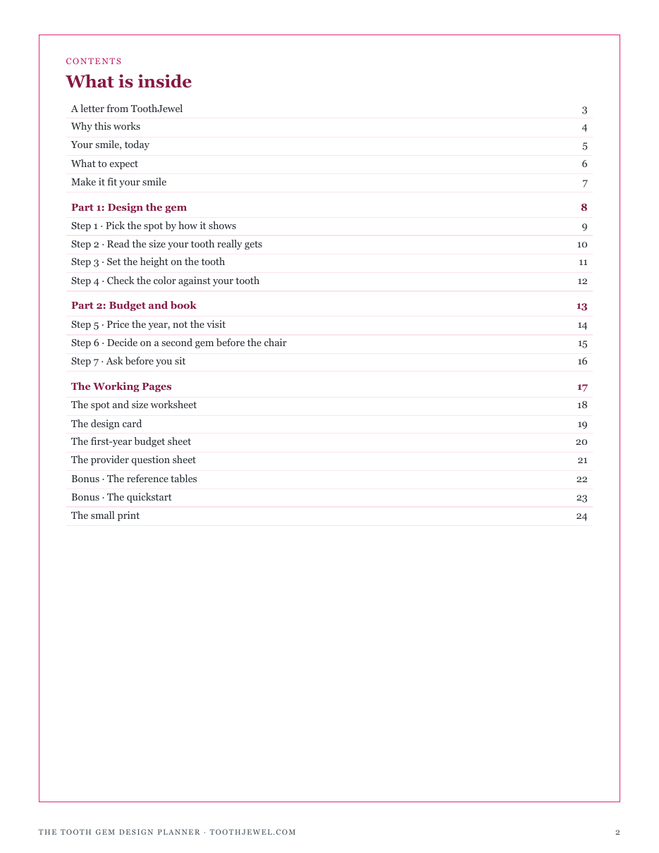 The full contents of The Tooth Gem Design Planner: design the gem, budget and book, and the working pages