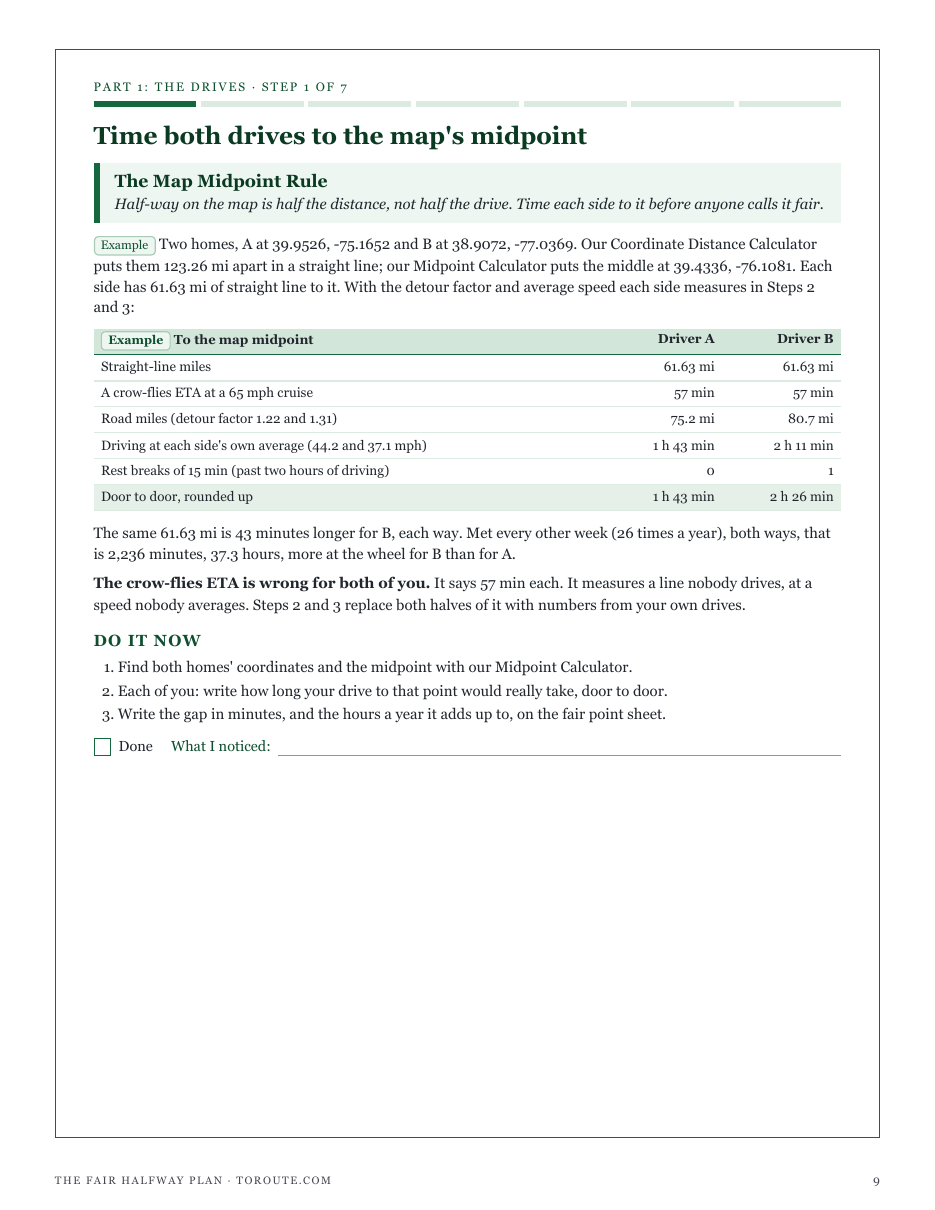 Step 1, The Map Midpoint Rule: two example drives to the map's midpoint, one 43 minutes longer than the other each way