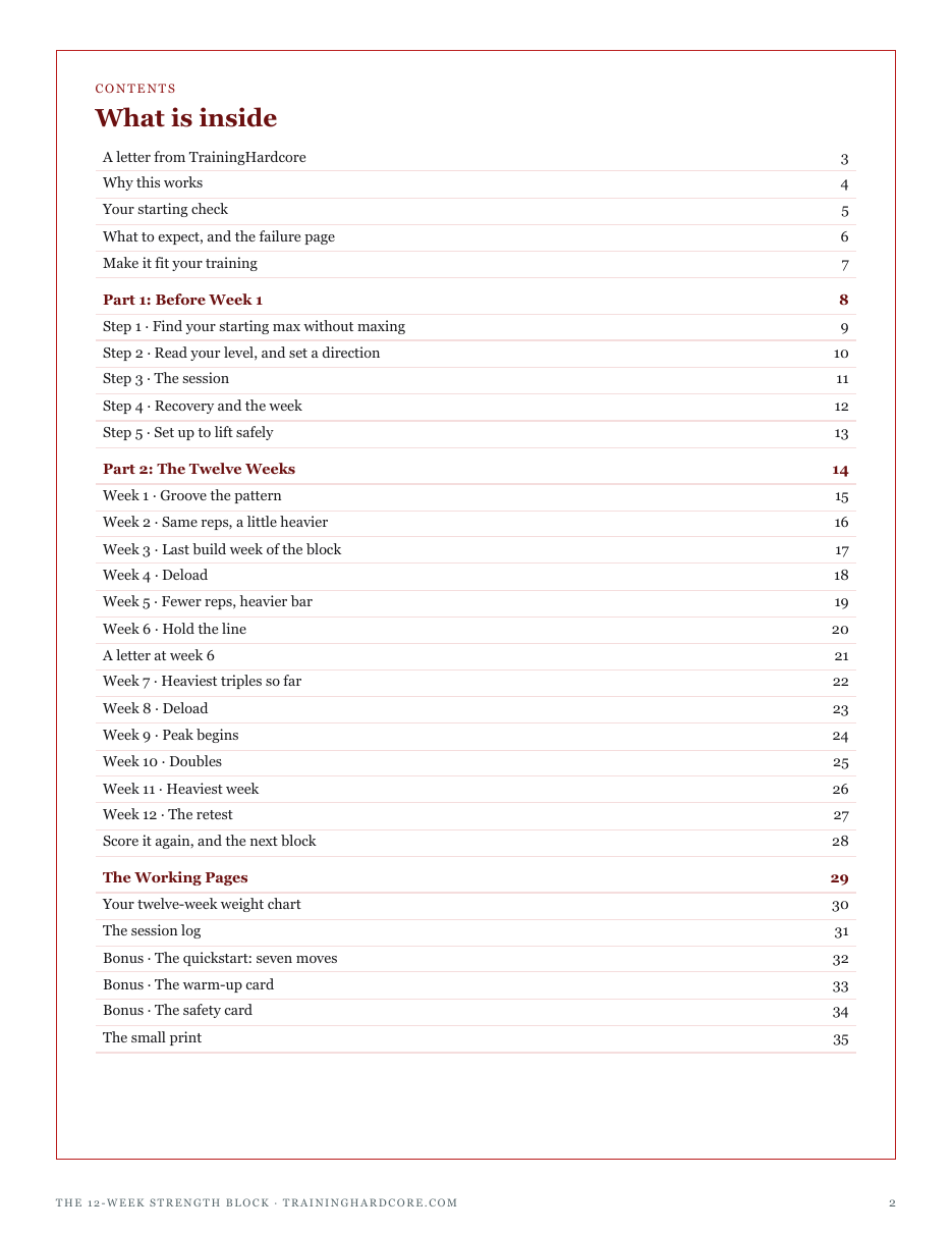 The full contents of The 12-Week Strength Block: before week 1, the twelve weeks, the working pages and three bonuses
