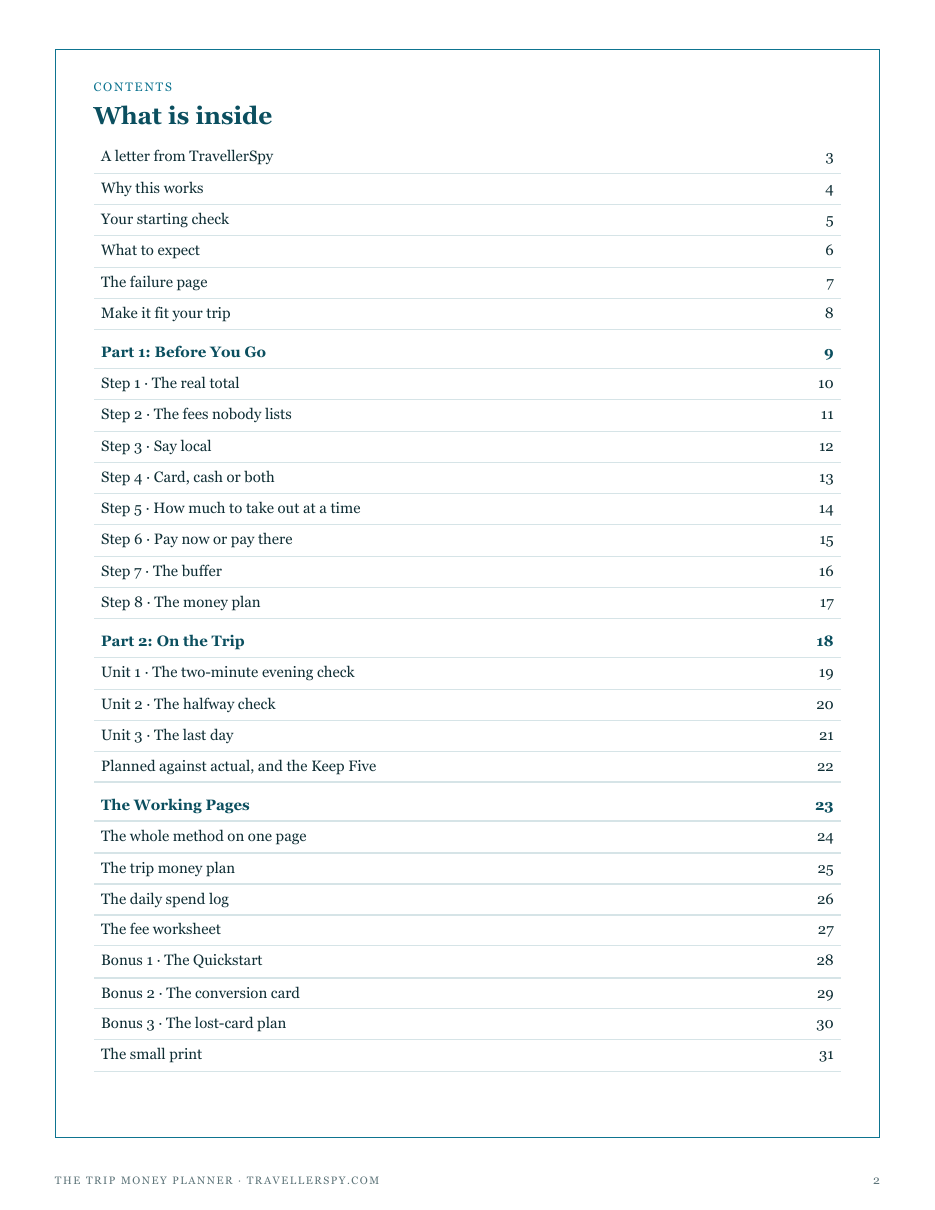 The full contents of The Trip Money Planner: eight steps before you go, three on the trip, the working pages and three bonuses