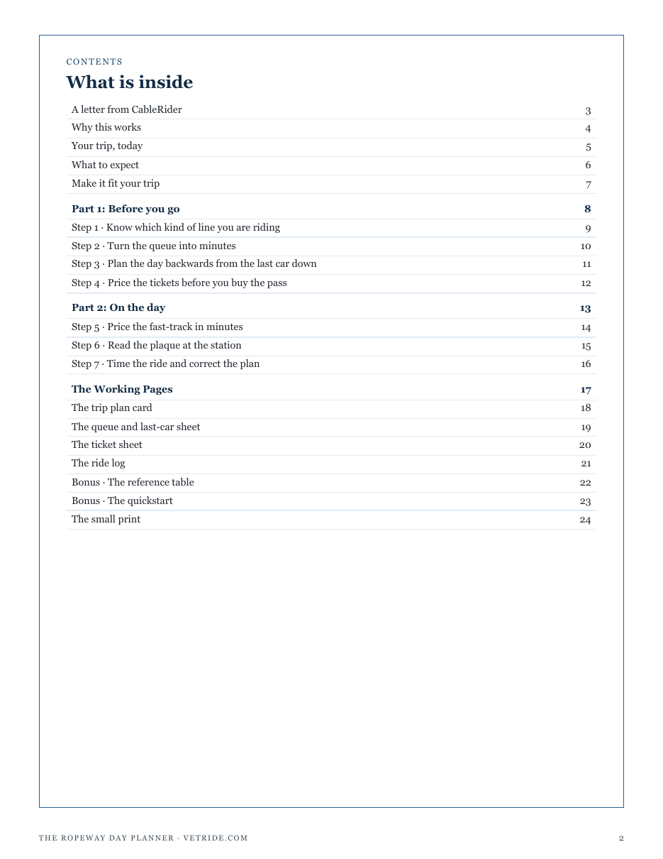 The full contents of The Ropeway Day Planner: before you go, on the day, and the working pages