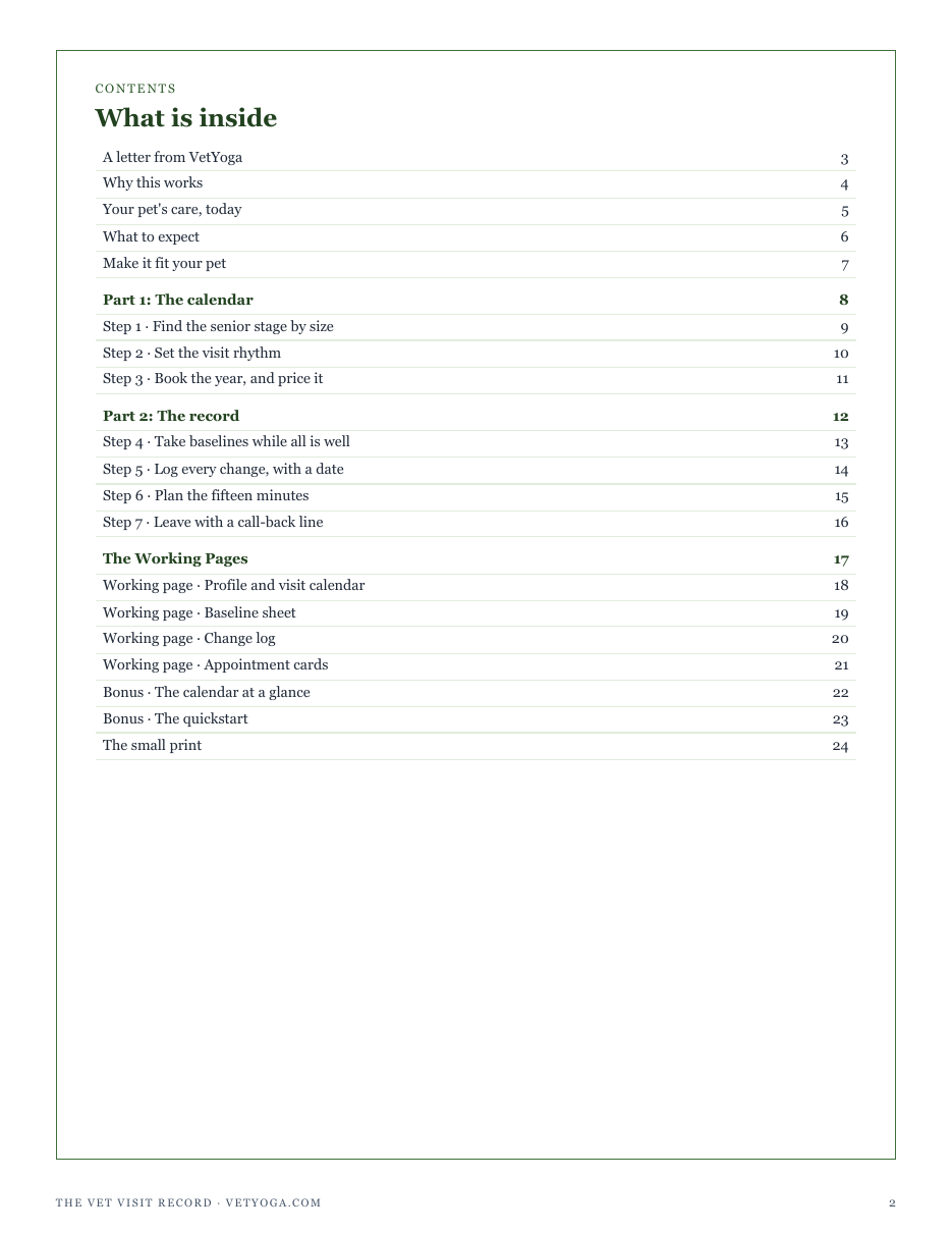 The full contents of The Vet Visit Record: the calendar, the record, and the working pages