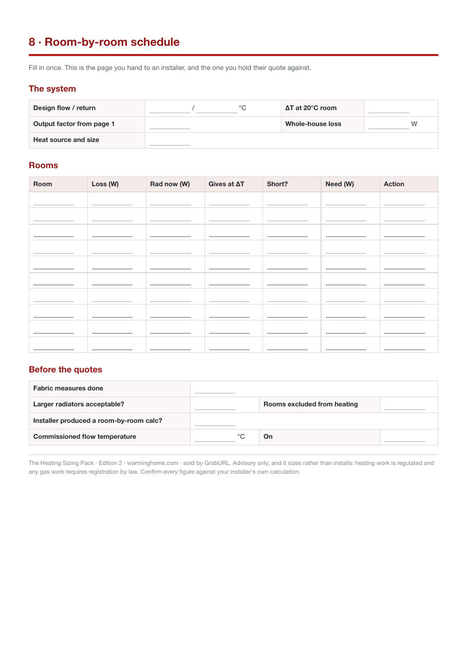 Fill-in room-by-room radiator schedule to hold an installer's quote against
