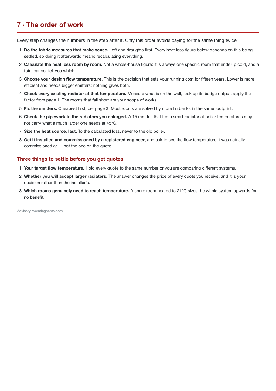 The order of work for sizing a heating system, and what to settle before getting quotes