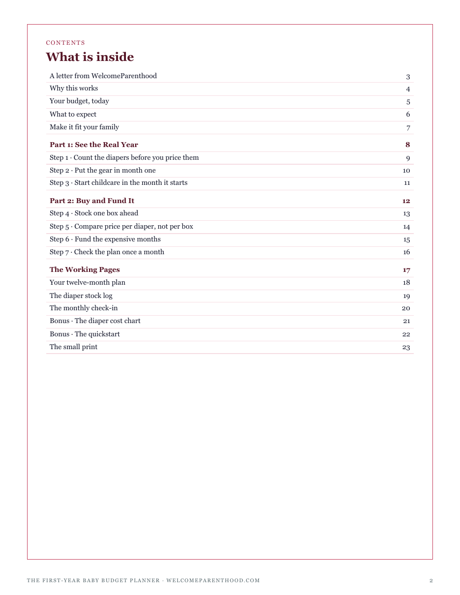 The full contents of The First-Year Baby Budget Planner: see the real year, buy and fund it, and the working pages