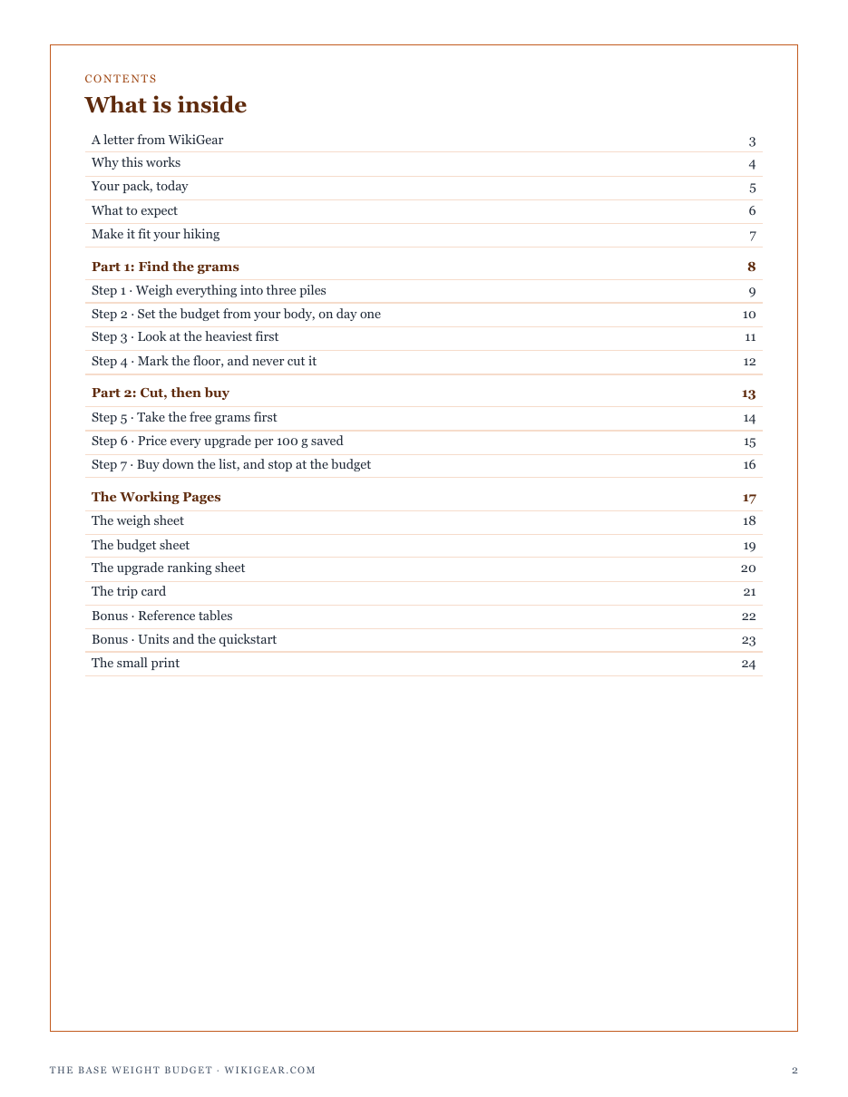 The full contents of The Base Weight Budget: find the grams, cut then buy, and the working pages