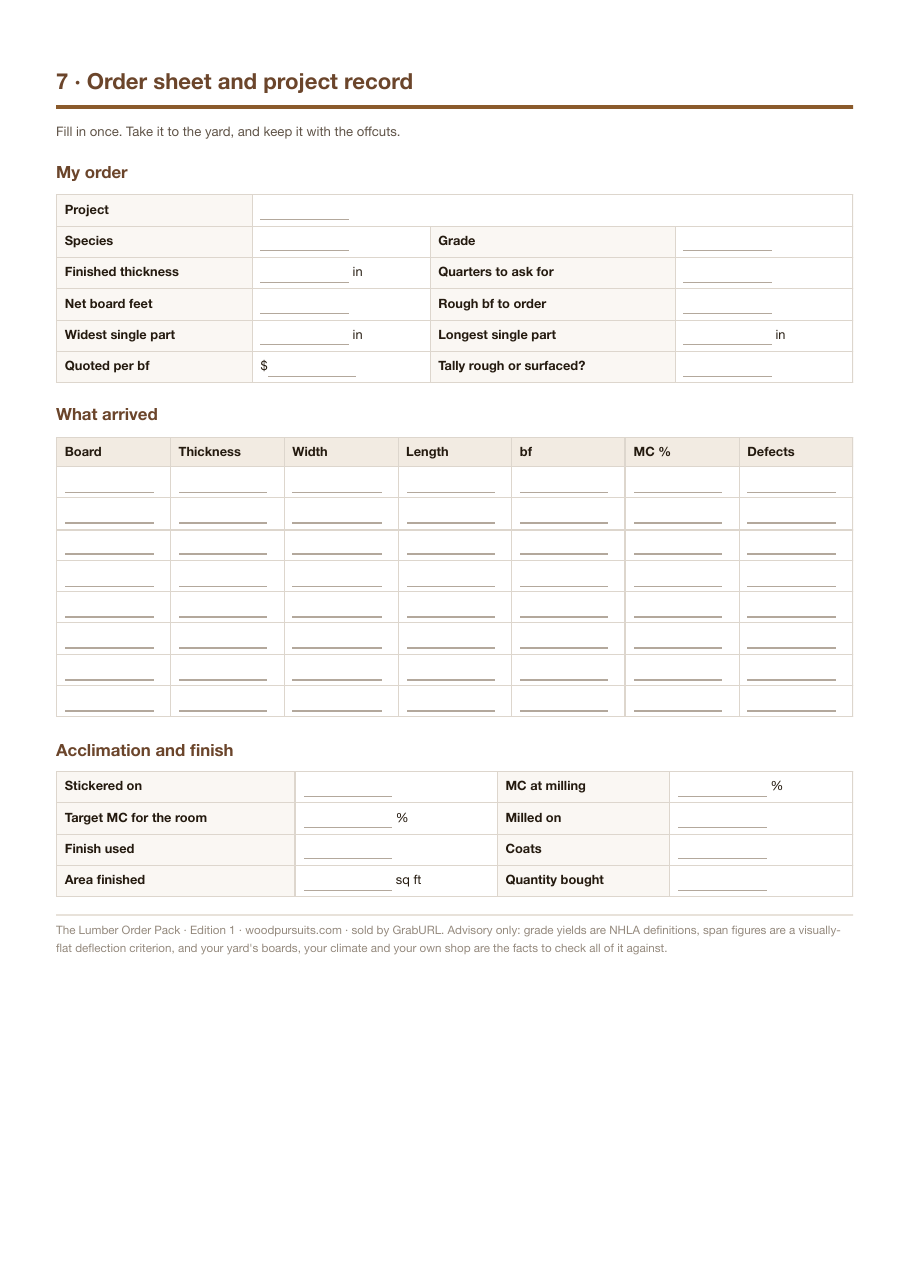 Fill-in lumber order sheet, delivery record and finishing record