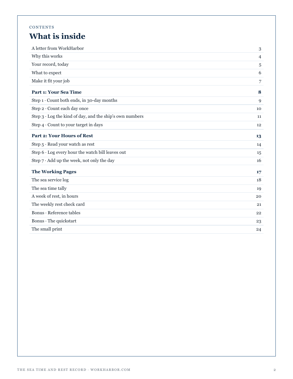 The full contents of The Sea Time and Rest Record: your sea time, your hours of rest, and the working pages